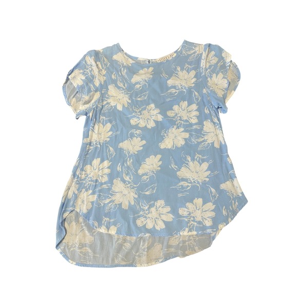 Potter's Pot Women's Floral Blouse Short Sleeve Light Blue Top - Picture 1 of 4